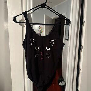 Forever 21 F21 Black Cat Face One-piece Bodysuit Swimsuit Women’s Sz Medium New